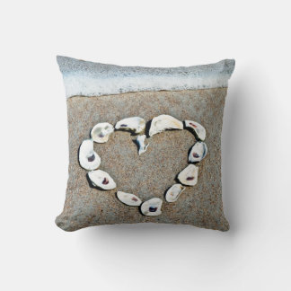 Seashell Heart on the Beach Throw Pillow