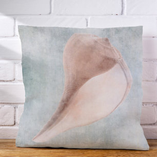Seashell in Cream and Coastal Blue Pastel Throw Pillow