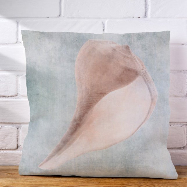 Seashell in Cream and Coastal Blue Pastel Throw Pillow (Creator Uploaded)