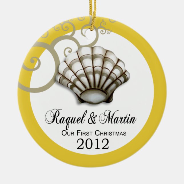 Seashell Luxe Our First Christmas (yellow|white) Ceramic Ornament (Front)