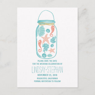 Seashell mason jar beach wedding save the date announcement postcard