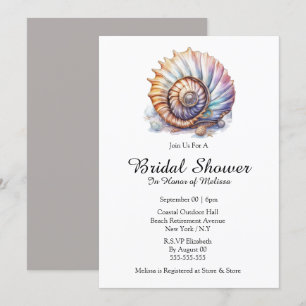 Seashell nautical beach bridal shower taupe white invitation