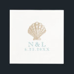 Seashell Nautical Beach Wedding | Bridal Shower Napkin<br><div class="desc">This classically elegant design features an illustrated scallop seashell printed in a soft golden tan. Personalize the napkins by placing your custom text below the shell by using the easy provided templates. Shown here are two lines of text in a soft shade of aqua: one line for your monogram or...</div>