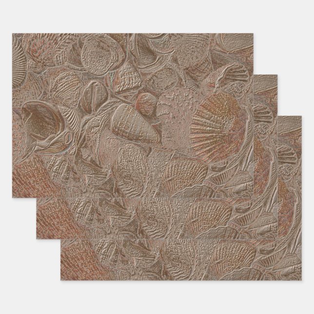 Seashell Ocean Beach Gold Sepia Elegant Decoupage Wrapping Paper Sheet (Set)