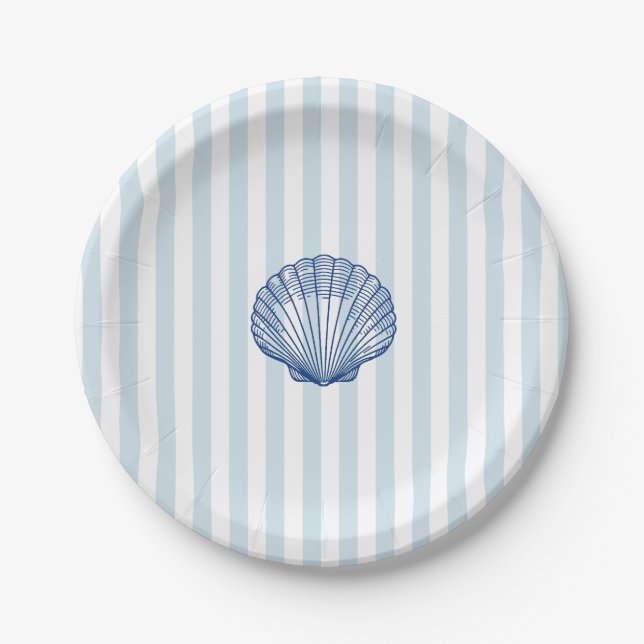 Seashell Painting Nautical Stripe  Paper Plate (Front)