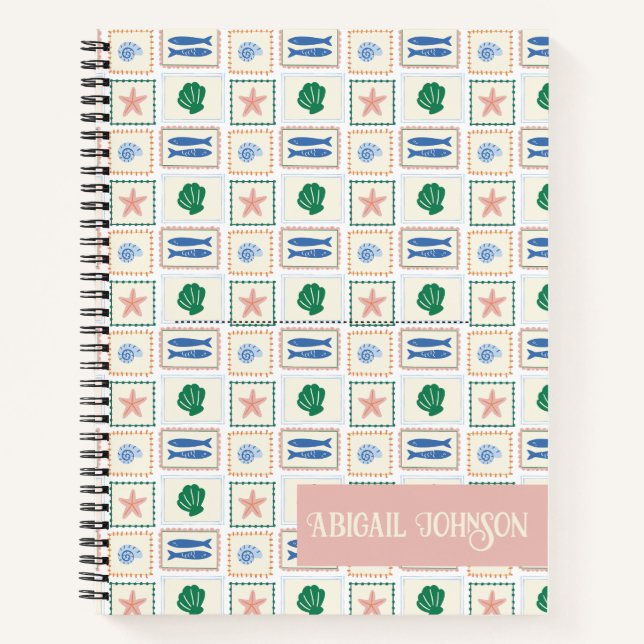 Seashell Pattern Personalize Coastal Boho Notebook (Front)