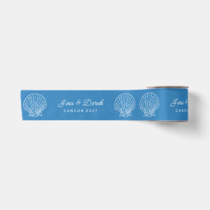 Seashell Patterned Custom Names Blue White Satin Ribbon