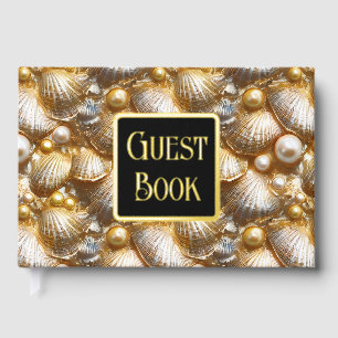 Seashell pearl real gold foil beach pattern clam guest book