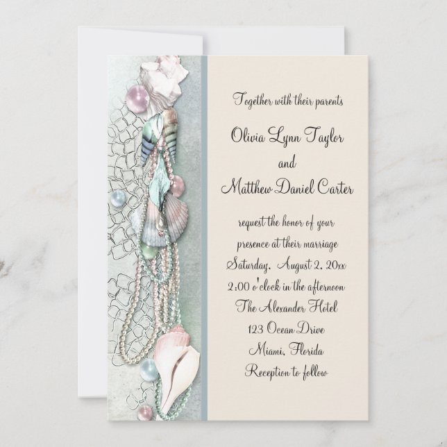Seashell Pearls Elegant Beach Wedding Invitation (Front)