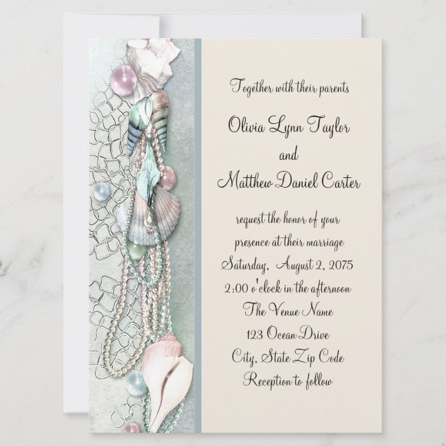 Seashell Pearls Elegant Beach Wedding Invitation (Front)
