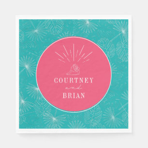 Seashell Pink & Blue Palm Tropical Beach Wedding Napkin