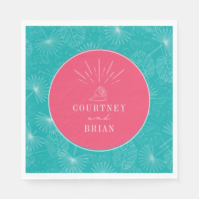 Seashell Pink & Blue Palm Tropical Beach Wedding Napkin (Front)
