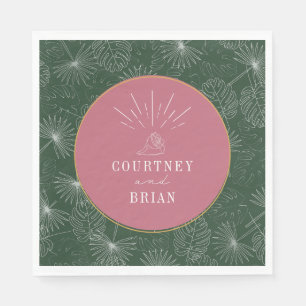Seashell Pink & Green Palm Tropical Beach Wedding Napkin