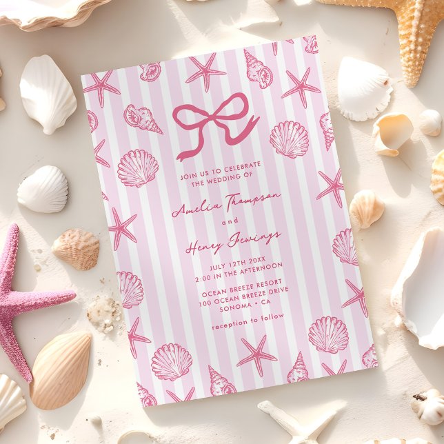Seashell Pink Stripe Coastal Wedding Invitation (Creator Uploaded)