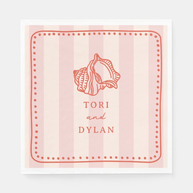 Seashell Pink Striped Tropical Beach Wedding Napkin (Front)