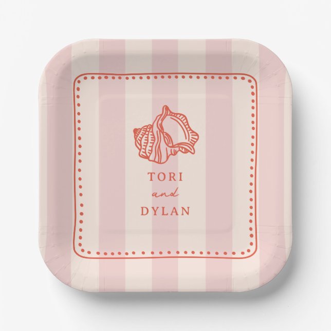 Seashell Pink Striped Tropical Beach Wedding Paper Plate (Front)