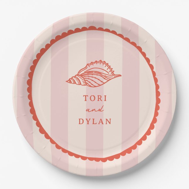 Seashell Pink Tropical Stripe Wedding Paper Plate (Front)