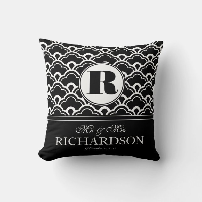 Seashell Scallop Pattern Monogram Mr and Mrs Throw Pillow (Front)
