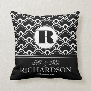 Seashell Scallop Pattern Monogram Mr and Mrs Throw Pillow