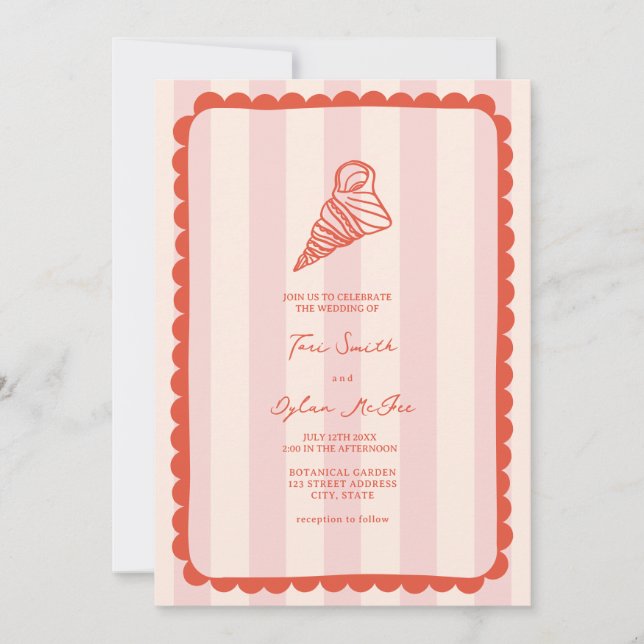 Seashell Scalloped Pink Stripe Tropical Wedding Invitation (Front)