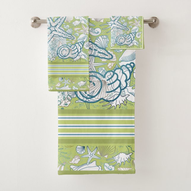 Seashell Scene with Green Background Bath Towel Set (Insitu)