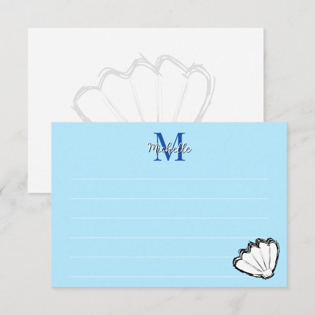 Seashell Sketch White And Blue Lined Monogram Card (Front/Back)
