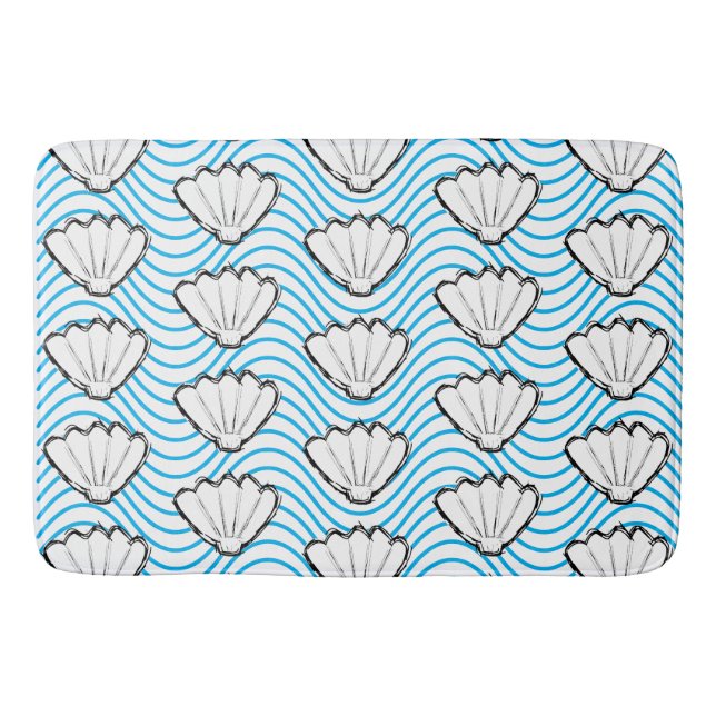 Seashell Sketch White And Blue Wave Patterns Bath Mat (Front)