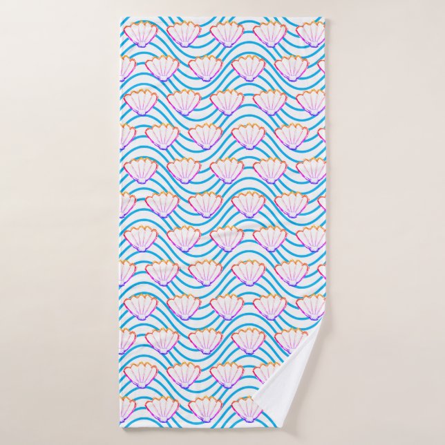 Seashell Sketch White And Blue Wave Patterns Bath Towel (Bath Towel)