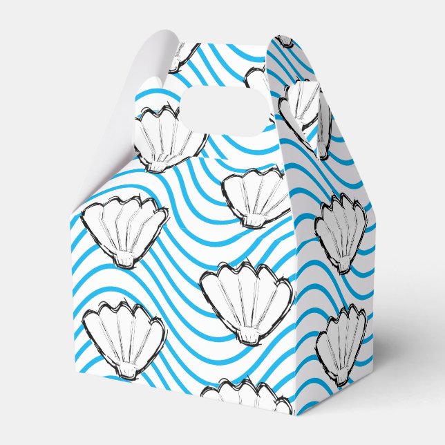 Seashell Sketch White And Blue Wave Patterns Favor Box (Front Side)