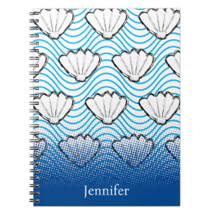 Seashell Sketch White And Blue Wave Patterns Notebook