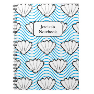 Seashell Sketch White And Blue Wave Patterns Notebook
