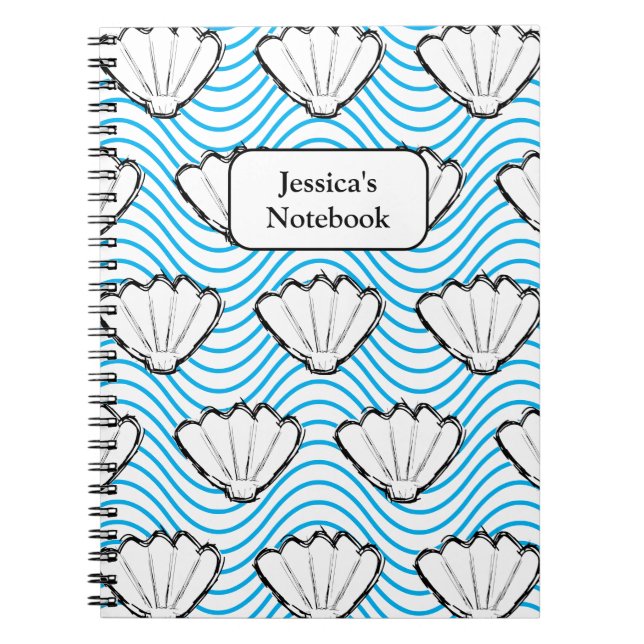 Seashell Sketch White And Blue Wave Patterns Notebook (Front)