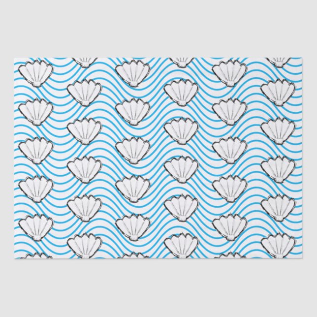Seashell Sketch White And Blue Wave Patterns Tissue Paper (Front)