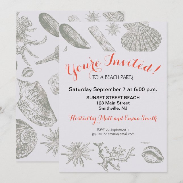 Seashell Soft Antique Art Beach Shells Invitation (Front/Back)