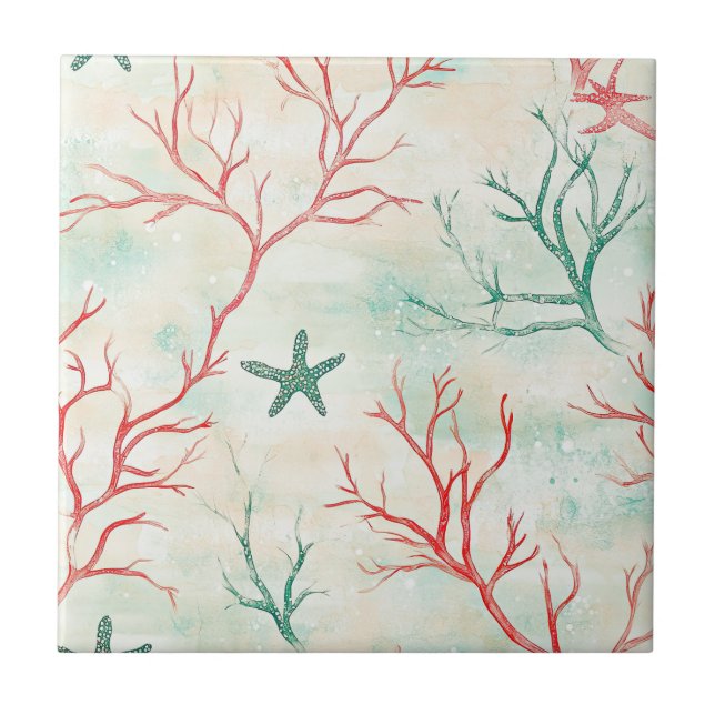 Seashell Starfish Coastal Pattern Tile (Front)