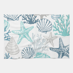 Seashell Starfish Pattern Blue And Teal Kitchen Towel