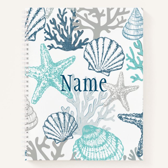 Seashell Starfish Pattern Blue And Teal Name Notebook (Front)