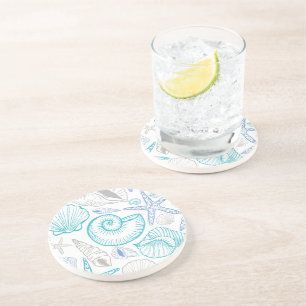 Seashell Starfish Pattern Blue Beige Teal Coaster