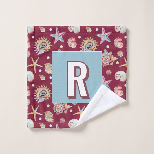 Seashell & Starfish Pattern on Maroon Background Bath Towel Set (Wash Cloth)