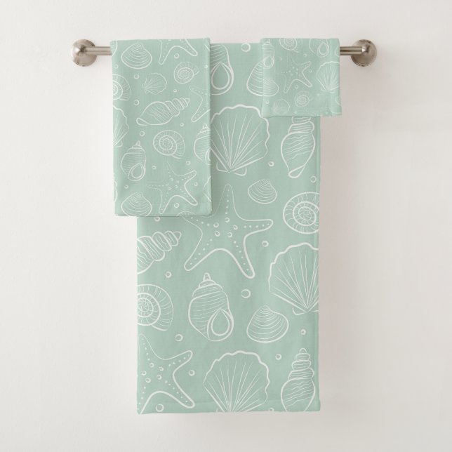 Seashell Summer Coastal Nautical Boho Beach Mint Bath Towel Set (Insitu)
