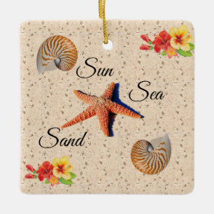 Seashell, sun, sand ceramic ornament