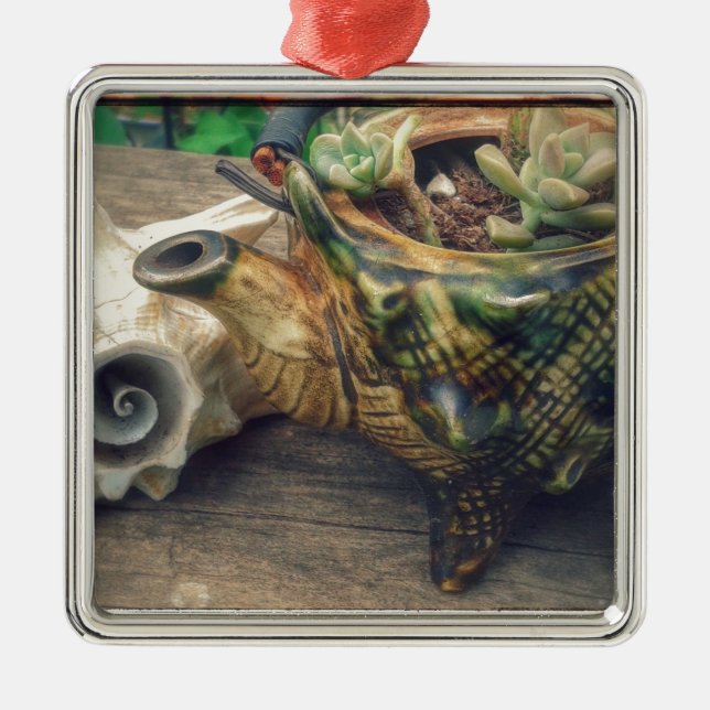 Seashell Tea Kettle planted with succulents Metal Ornament (Front)