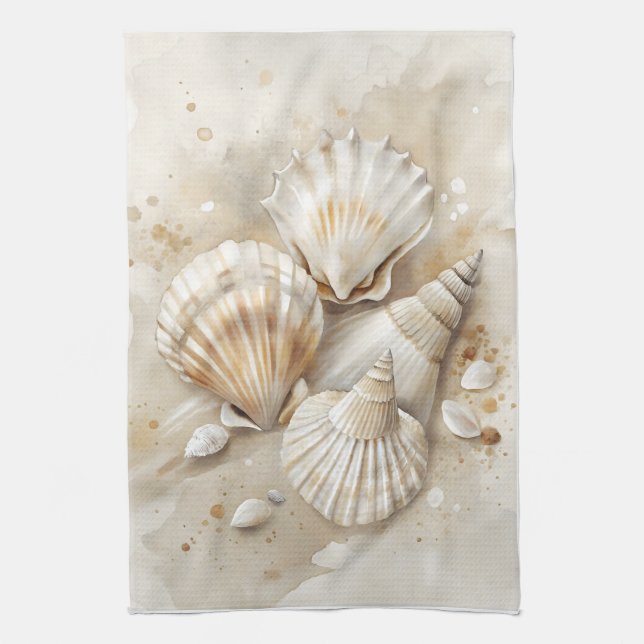 Seashell Watercolor Coastal  Kitchen Towel (Vertical)