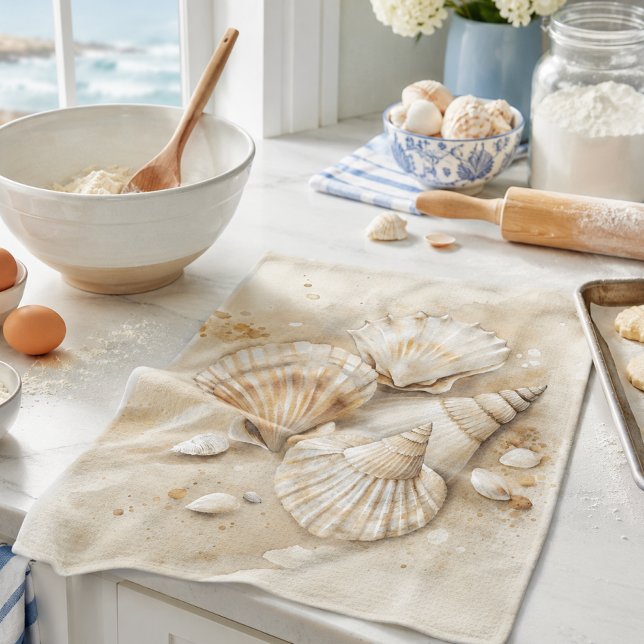 Seashell Watercolor Coastal  Kitchen Towel (Creator Uploaded)