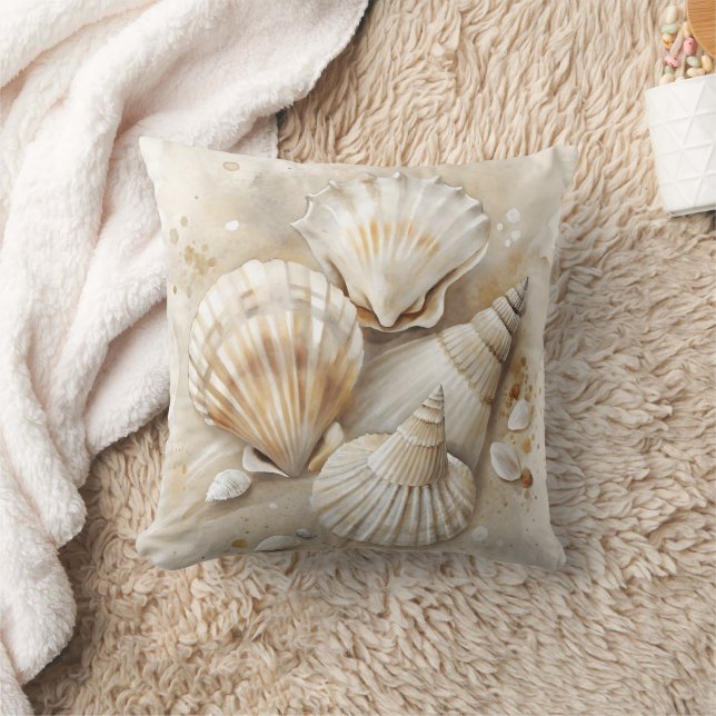 Seashell Watercolor Coastal  Throw Pillow (Blanket)