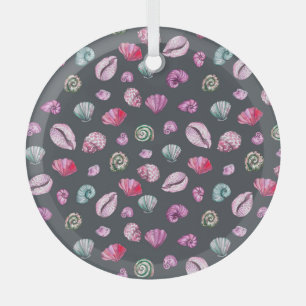 Seashell Watercolor: Dark Blue Pattern Glass Ornament