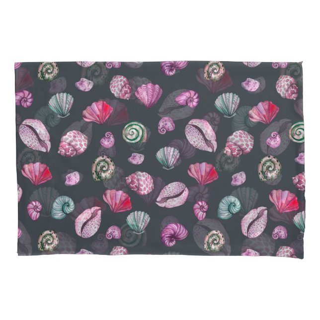Seashell Watercolor: Dark Blue Pattern Pillowcase (Front)