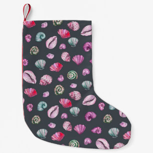 Seashell Watercolor: Dark Blue Pattern Small Christmas Stocking