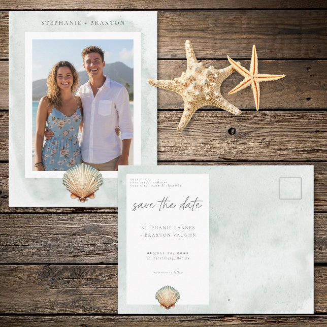 Seashell Watercolor Minimal Beach Photo Save Date Postcard (Seashell Watercolor Minimal Beach Photo Save Date Postcard)