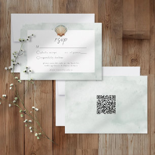 Seashell Watercolor Minimalist Beach Wedding QR RSVP Card